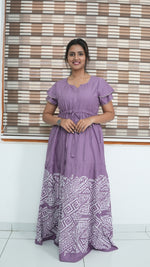 Cornflower Blue Tribal Border Rayon Gathering Frock – Adjustable Front Rope Night Gown with Double Layer Sleeve