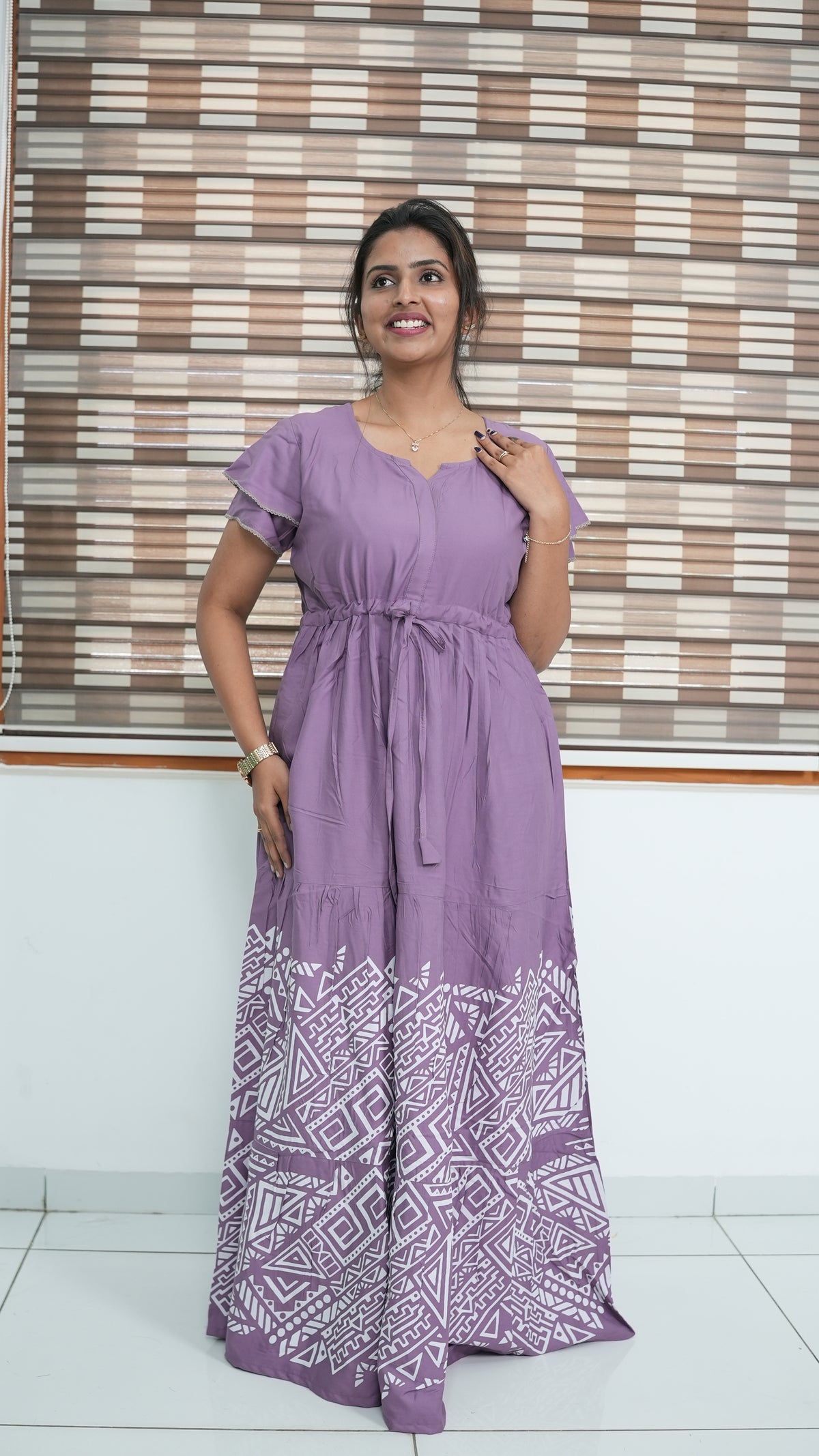 Cornflower Blue Tribal Border Rayon Gathering Frock – Adjustable Front Rope Night Gown with Double Layer Sleeve