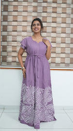 Cornflower Blue Tribal Border Rayon Gathering Frock – Adjustable Front Rope Night Gown with Double Layer Sleeve