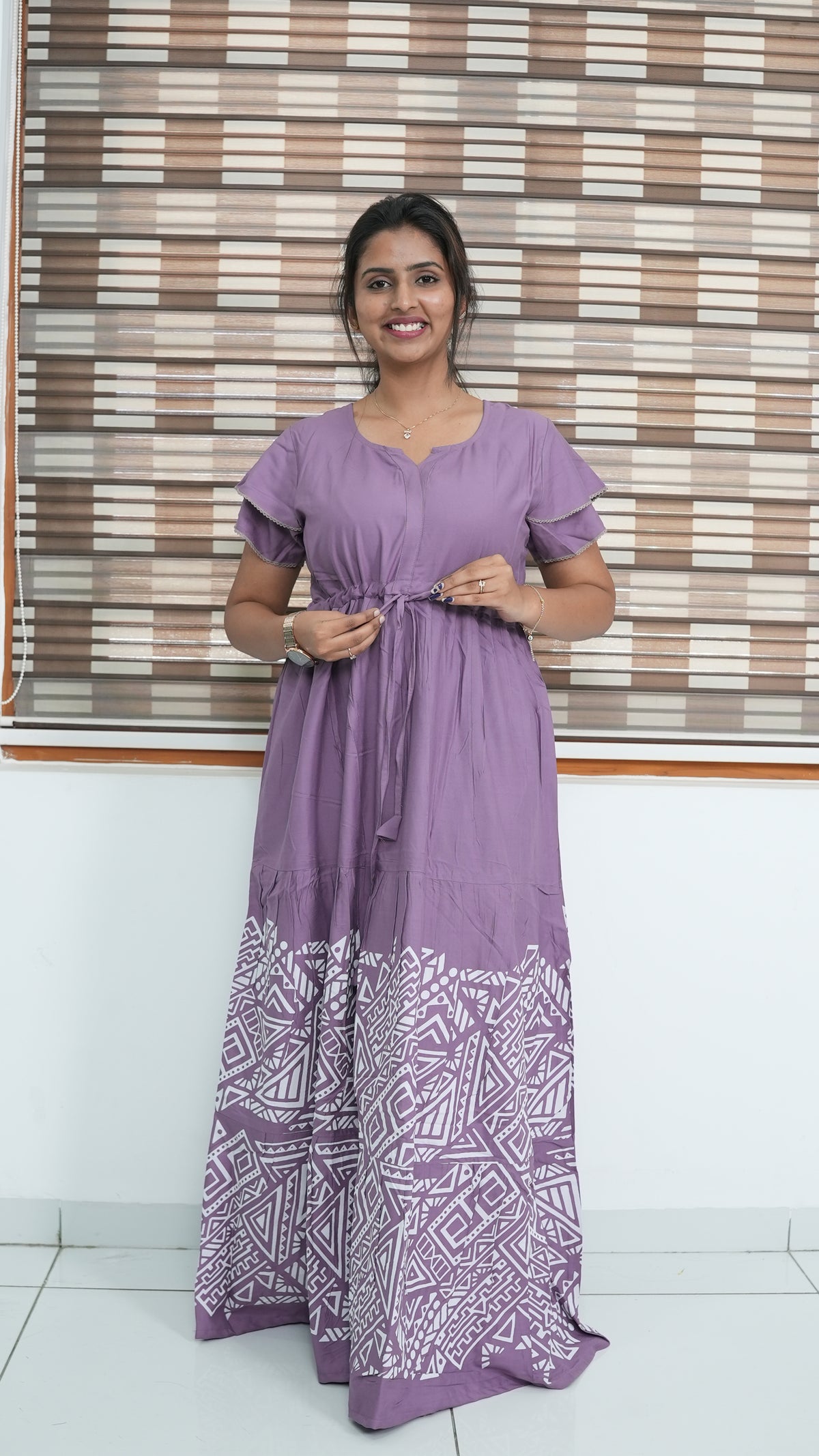 Cornflower Blue Tribal Border Rayon Gathering Frock – Adjustable Front Rope Night Gown with Double Layer Sleeve