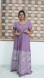 Cornflower Blue Tribal Border Rayon Gathering Frock – Adjustable Front Rope Night Gown with Double Layer Sleeve