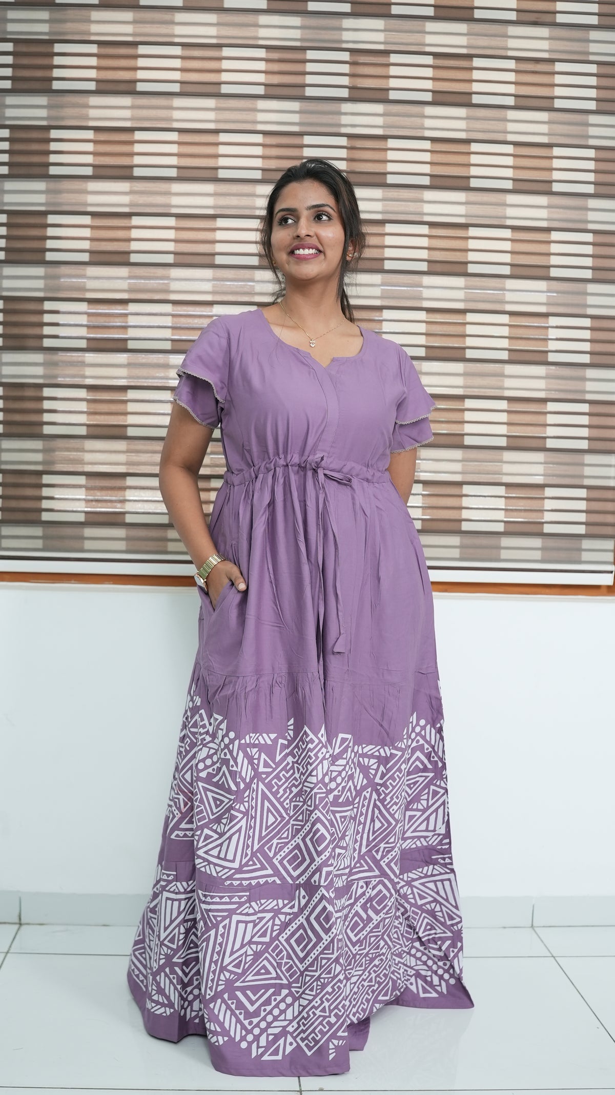 Cornflower Blue Tribal Border Rayon Gathering Frock – Adjustable Front Rope Night Gown with Double Layer Sleeve