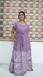 Cornflower Blue Tribal Border Rayon Gathering Frock – Adjustable Front Rope Night Gown with Double Layer Sleeve