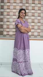 Cornflower Blue Tribal Border Rayon Gathering Frock – Adjustable Front Rope Night Gown with Double Layer Sleeve