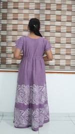 Cornflower Blue Tribal Border Rayon Gathering Frock – Adjustable Front Rope Night Gown with Double Layer Sleeve