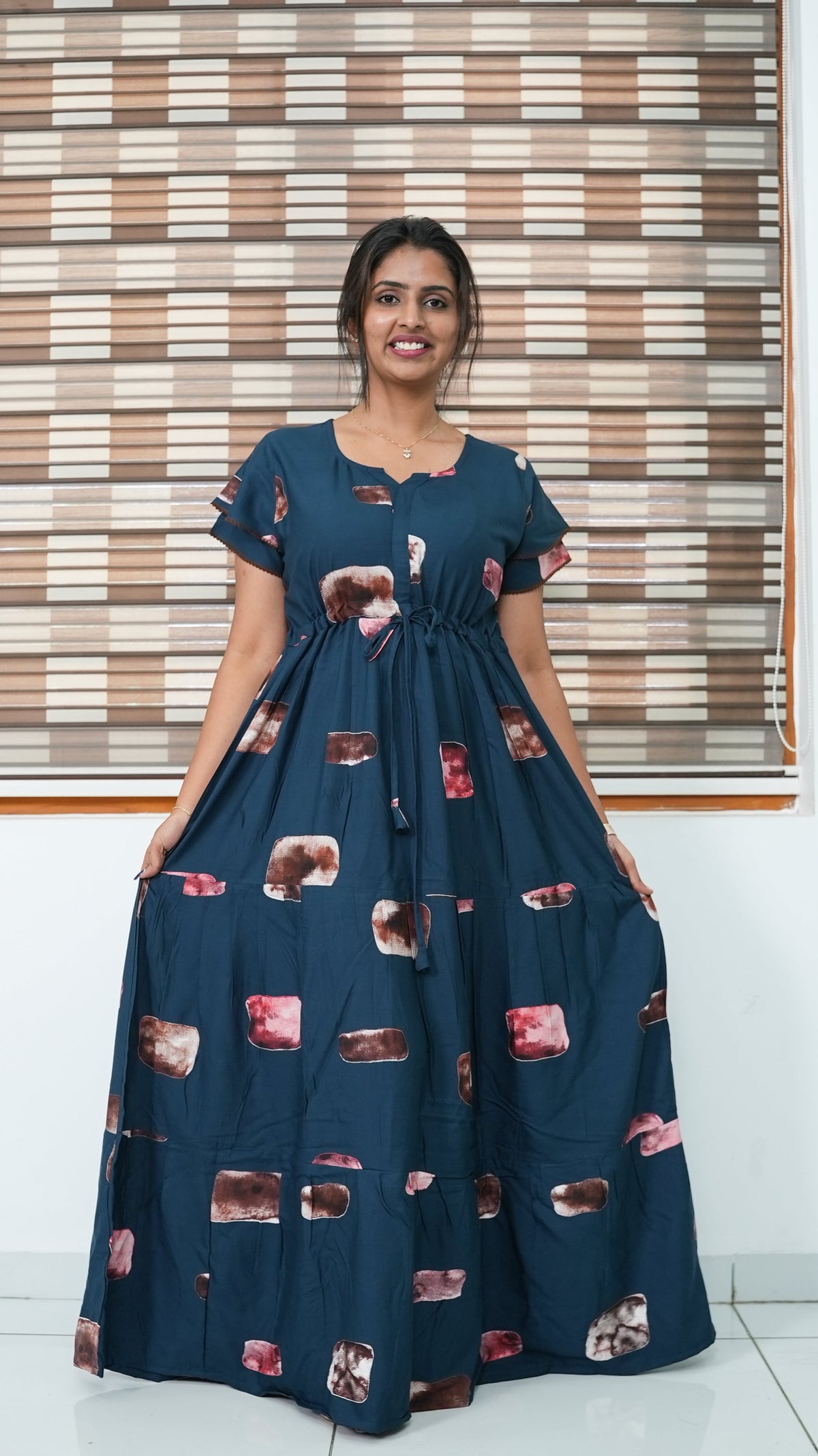 Ink Blue Abstract Block Print Rayon Gathering Frock – Adjustable Front Rope Night Gown with Double Layer Sleeve