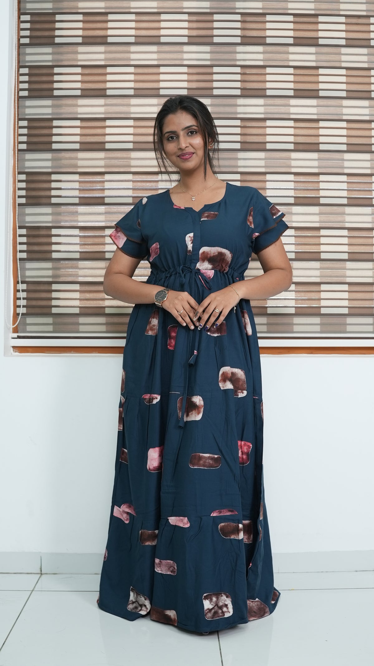 Ink Blue Abstract Block Print Rayon Gathering Frock – Adjustable Front Rope Night Gown with Double Layer Sleeve