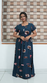 Ink Blue Abstract Block Print Rayon Gathering Frock – Adjustable Front Rope Night Gown with Double Layer Sleeve