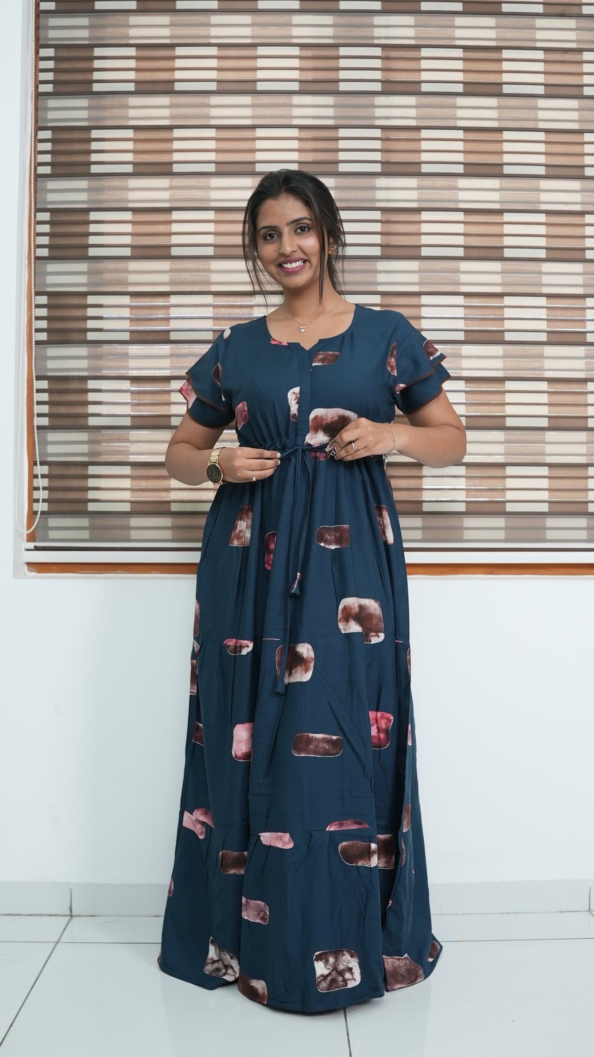 Ink Blue Abstract Block Print Rayon Gathering Frock – Adjustable Front Rope Night Gown with Double Layer Sleeve