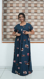 Ink Blue Abstract Block Print Rayon Gathering Frock – Adjustable Front Rope Night Gown with Double Layer Sleeve