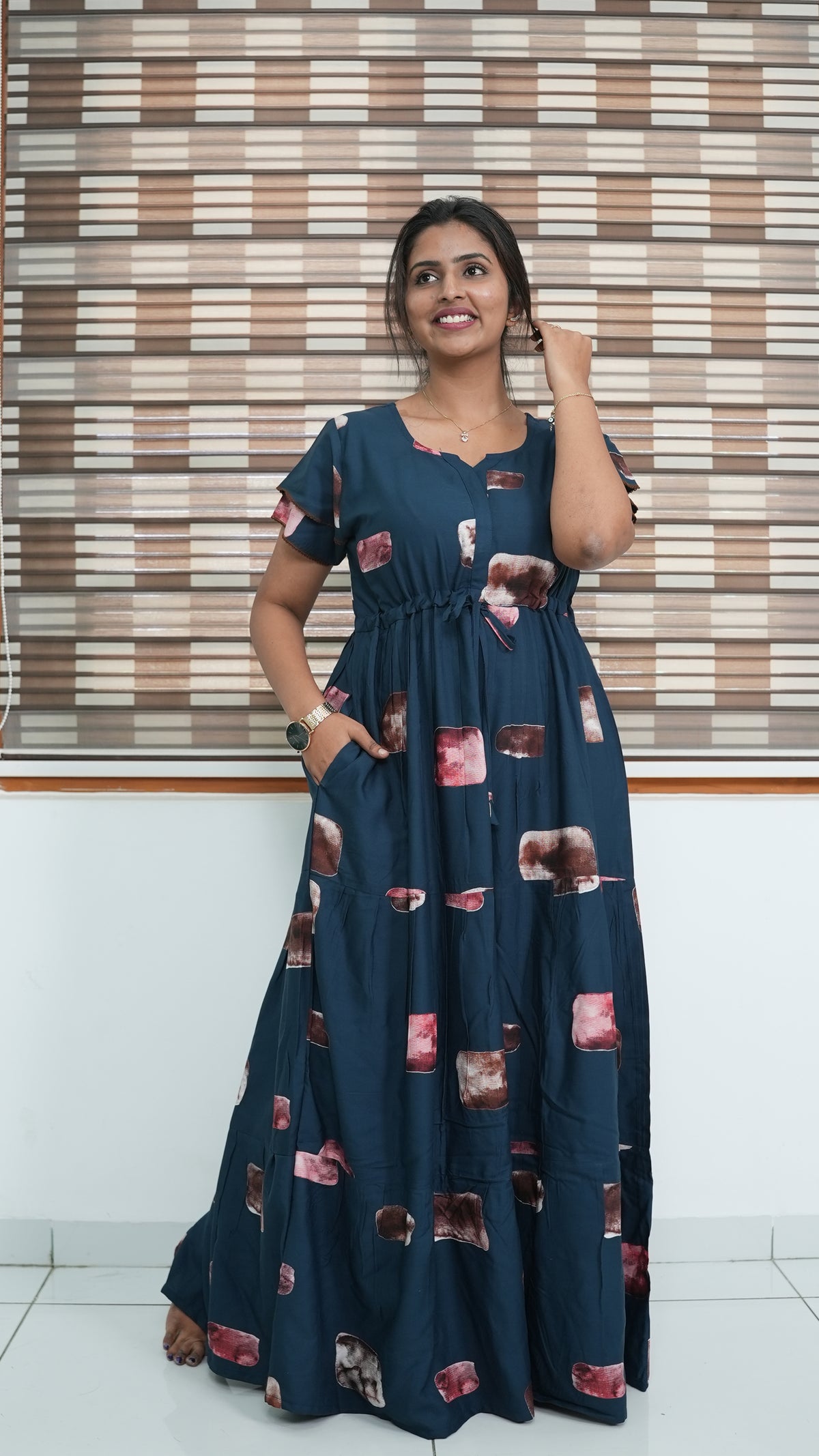 Ink Blue Abstract Block Print Rayon Gathering Frock – Adjustable Front Rope Night Gown with Double Layer Sleeve