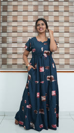 Ink Blue Abstract Block Print Rayon Gathering Frock – Adjustable Front Rope Night Gown with Double Layer Sleeve