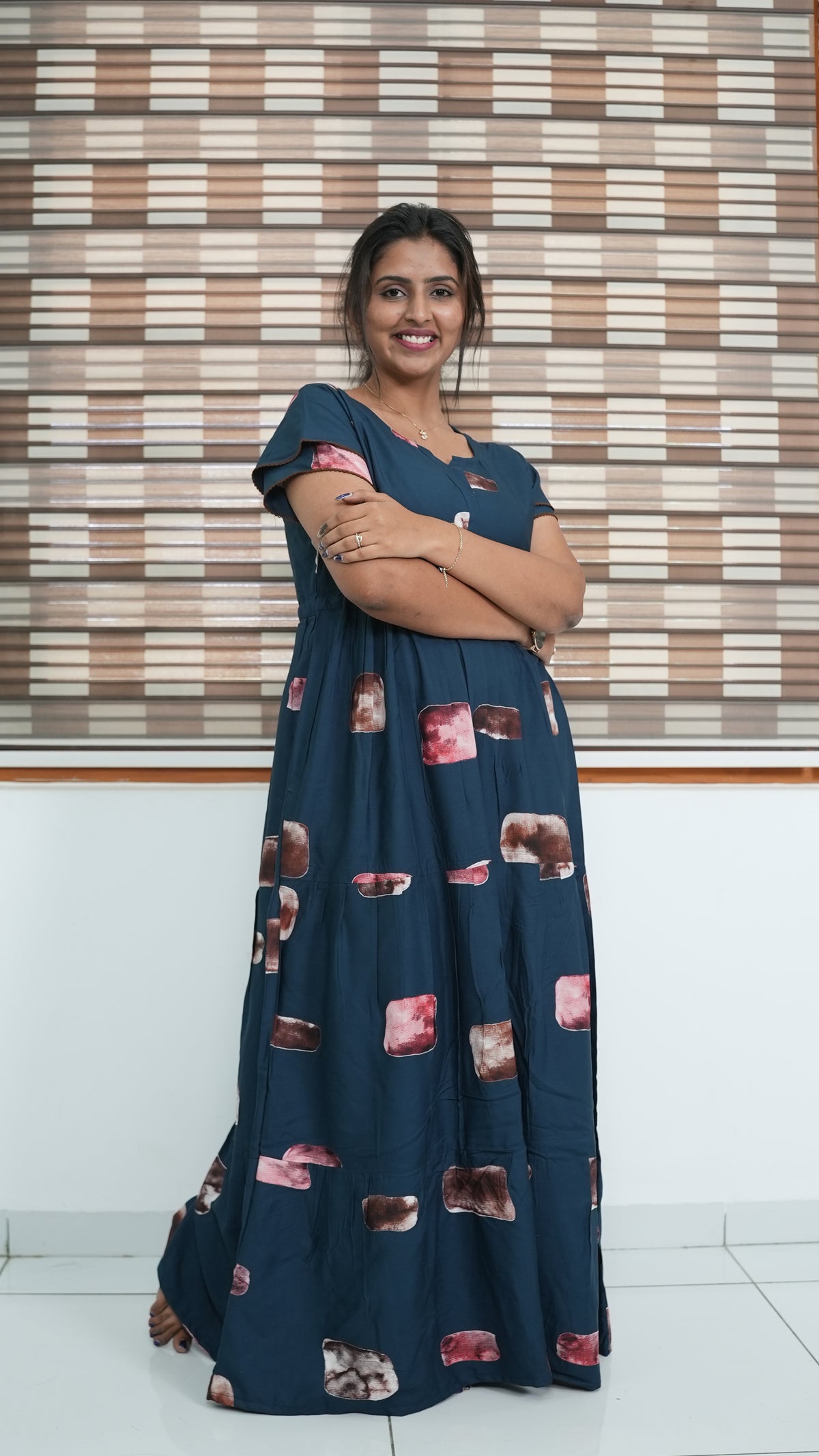 Ink Blue Abstract Block Print Rayon Gathering Frock – Adjustable Front Rope Night Gown with Double Layer Sleeve