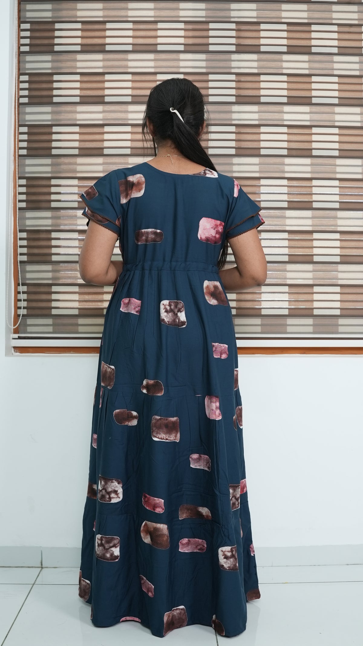 Ink Blue Abstract Block Print Rayon Gathering Frock – Adjustable Front Rope Night Gown with Double Layer Sleeve