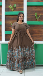 Forest Green Meadow Floral Rayon Gathering Frock – Adjustable Front Rope Night Gown with Double Layer Sleeve