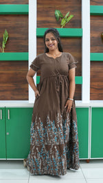 Forest Green Meadow Floral Rayon Gathering Frock – Adjustable Front Rope Night Gown with Double Layer Sleeve