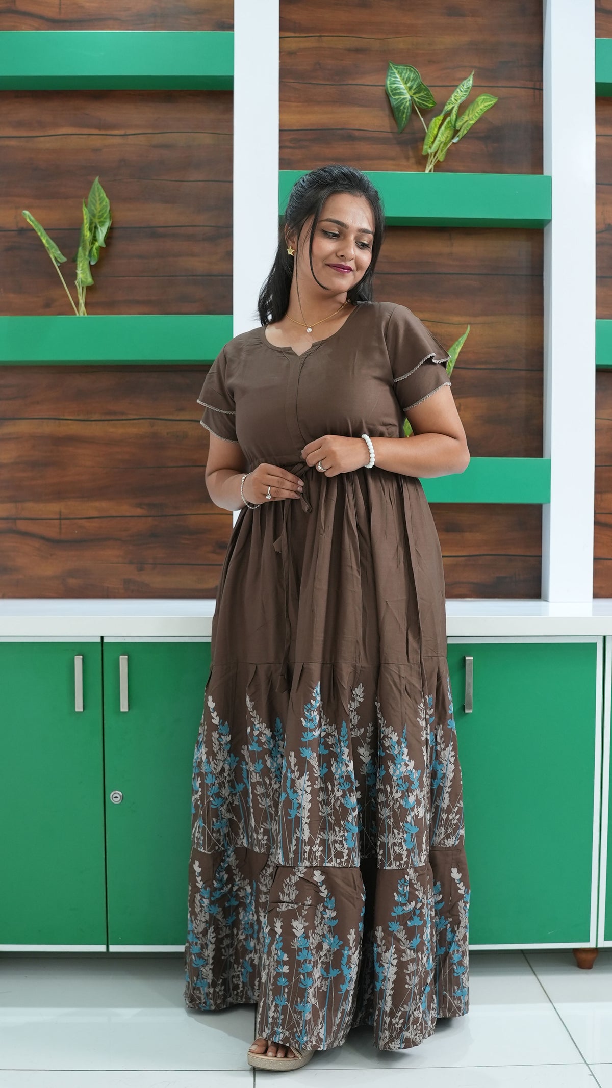 Forest Green Meadow Floral Rayon Gathering Frock – Adjustable Front Rope Night Gown with Double Layer Sleeve