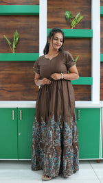 Forest Green Meadow Floral Rayon Gathering Frock – Adjustable Front Rope Night Gown with Double Layer Sleeve