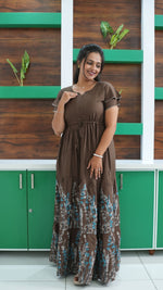 Forest Green Meadow Floral Rayon Gathering Frock – Adjustable Front Rope Night Gown with Double Layer Sleeve