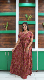 Terracotta & Magenta Abstract Print Rayon Gathering Frock – Stylish Front Rope Adjustable Nighty