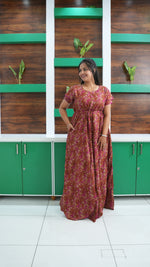 Terracotta & Magenta Abstract Print Rayon Gathering Frock – Stylish Front Rope Adjustable Nighty