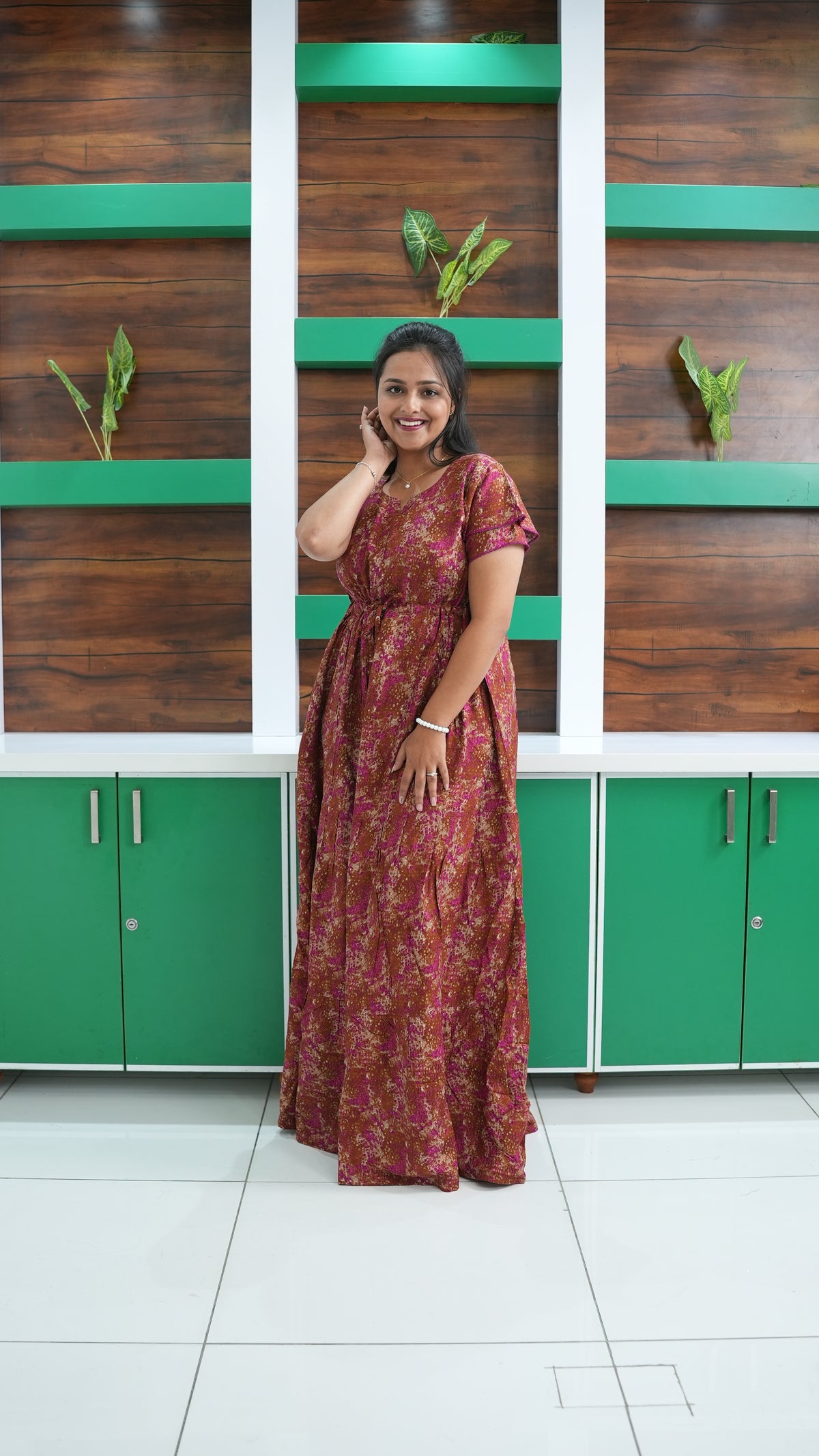 Terracotta & Magenta Abstract Print Rayon Gathering Frock – Stylish Front Rope Adjustable Nighty