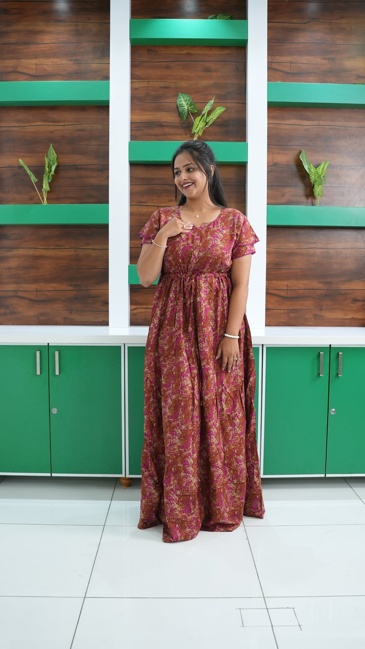 Terracotta & Magenta Abstract Print Rayon Gathering Frock – Stylish Front Rope Adjustable Nighty