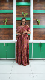 Terracotta & Magenta Abstract Print Rayon Gathering Frock – Stylish Front Rope Adjustable Nighty