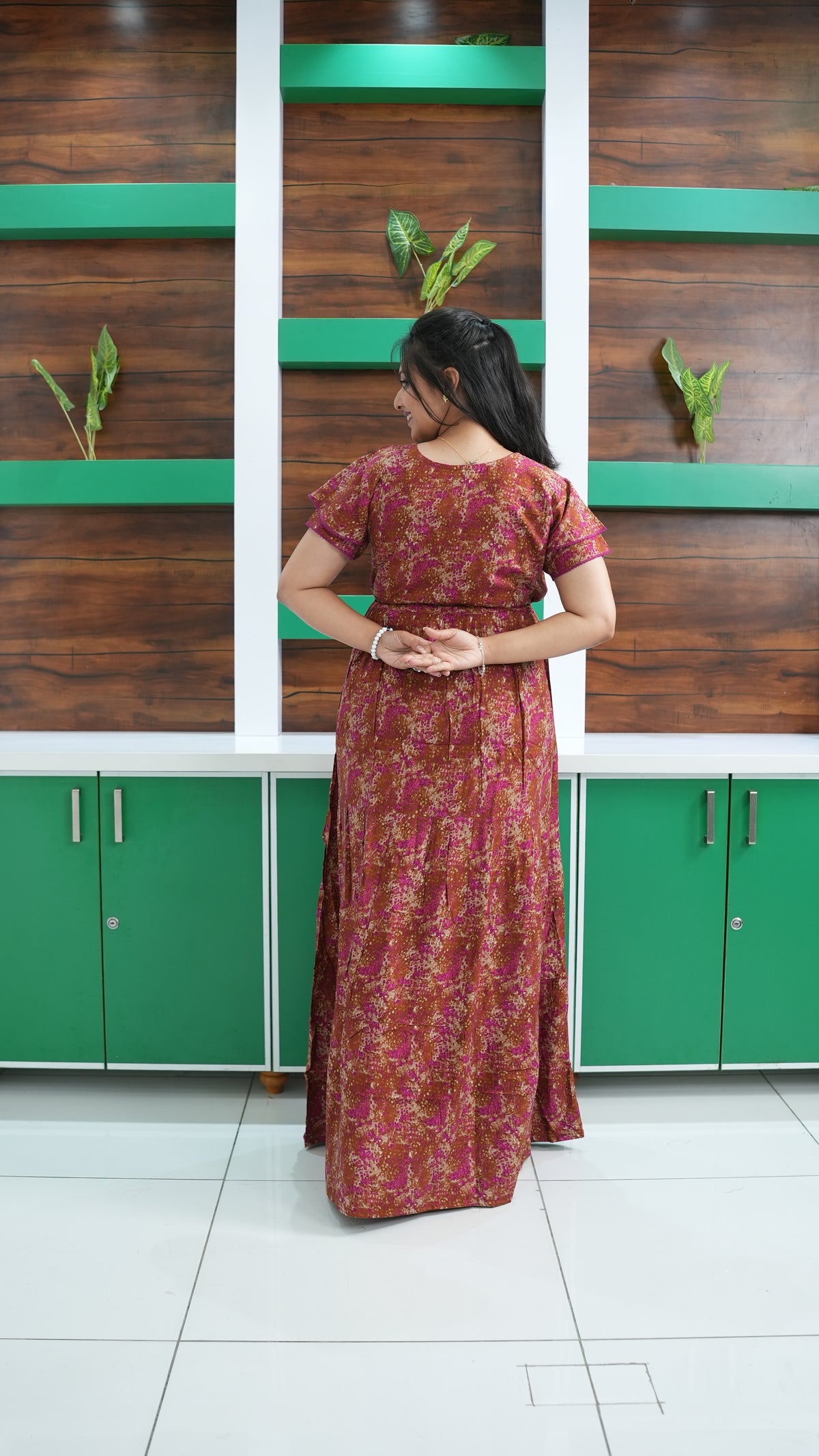 Terracotta & Magenta Abstract Print Rayon Gathering Frock – Stylish Front Rope Adjustable Nighty