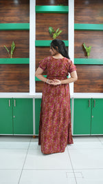 Terracotta & Magenta Abstract Print Rayon Gathering Frock – Stylish Front Rope Adjustable Nighty