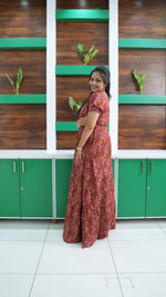 Terracotta & Magenta Abstract Print Rayon Gathering Frock – Stylish Front Rope Adjustable Nighty