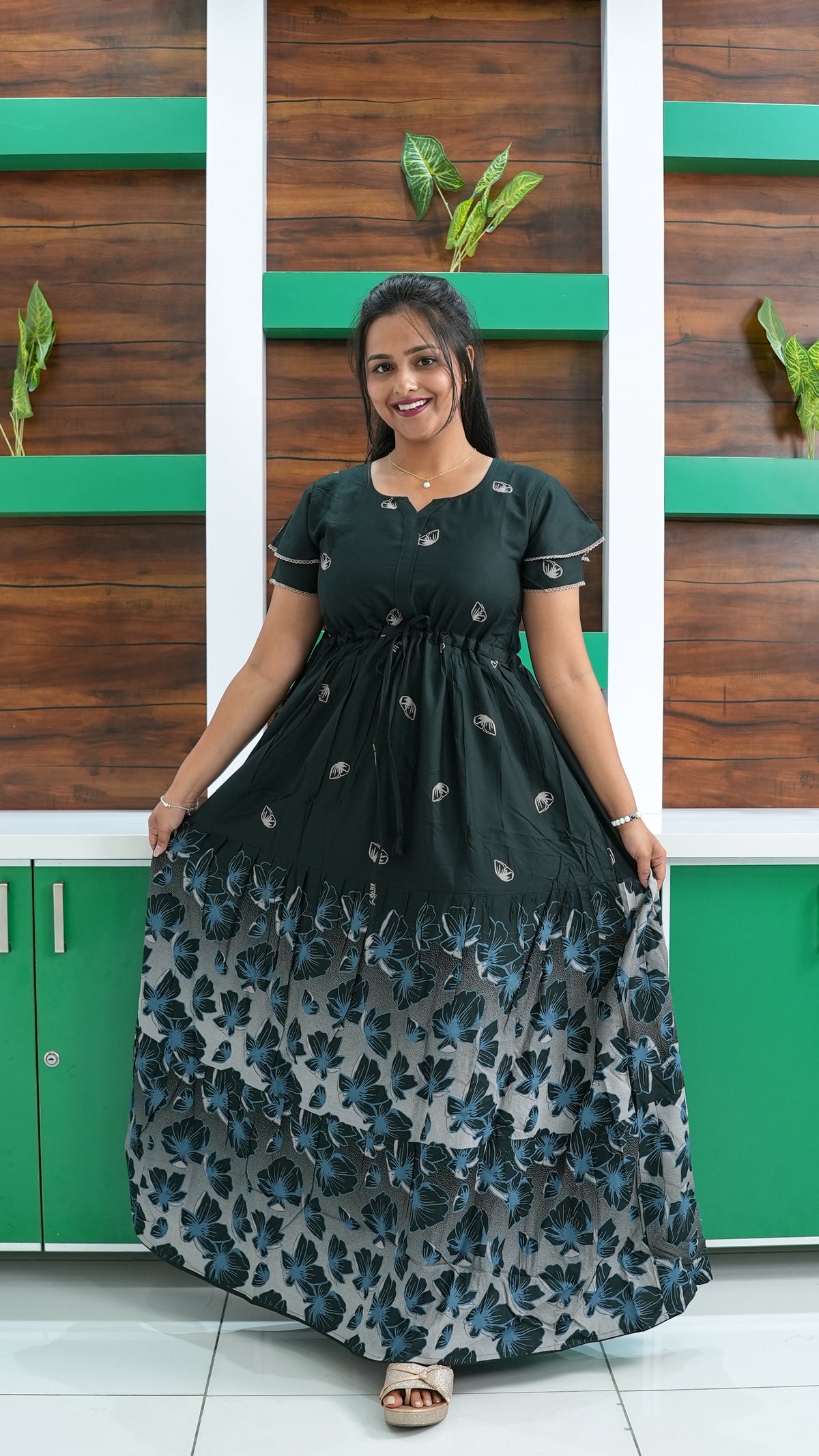 Royal Purple Floral Border Rayon Gathering Frock – Adjustable Front Rope Night Gown with Double Layer Sleeve