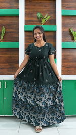 Royal Purple Floral Border Rayon Gathering Frock – Adjustable Front Rope Night Gown with Double Layer Sleeve