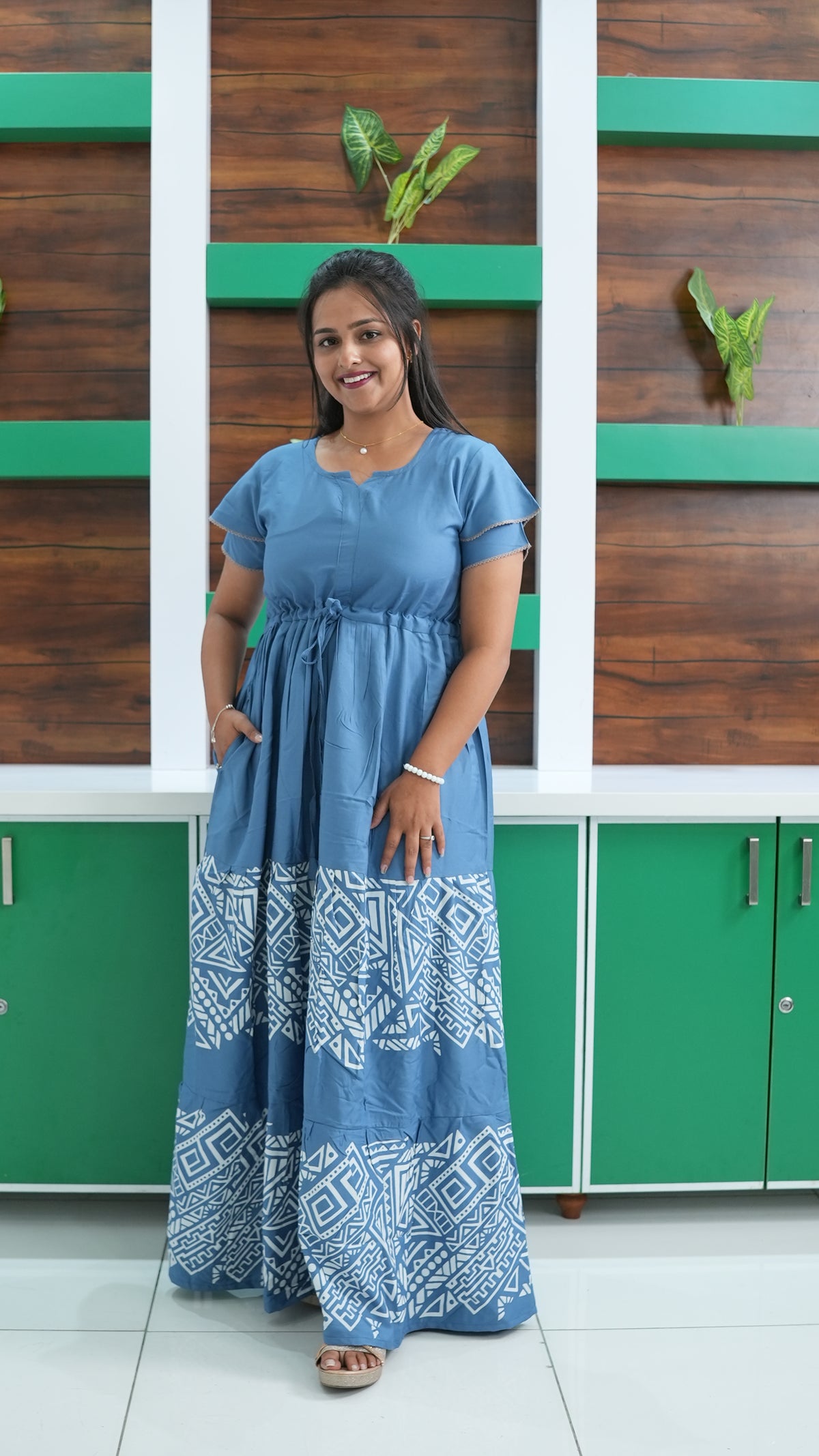 Cornflower Blue Tribal Border Rayon Gathering Frock – Adjustable Front Rope Night Gown with Double Layer Sleeve