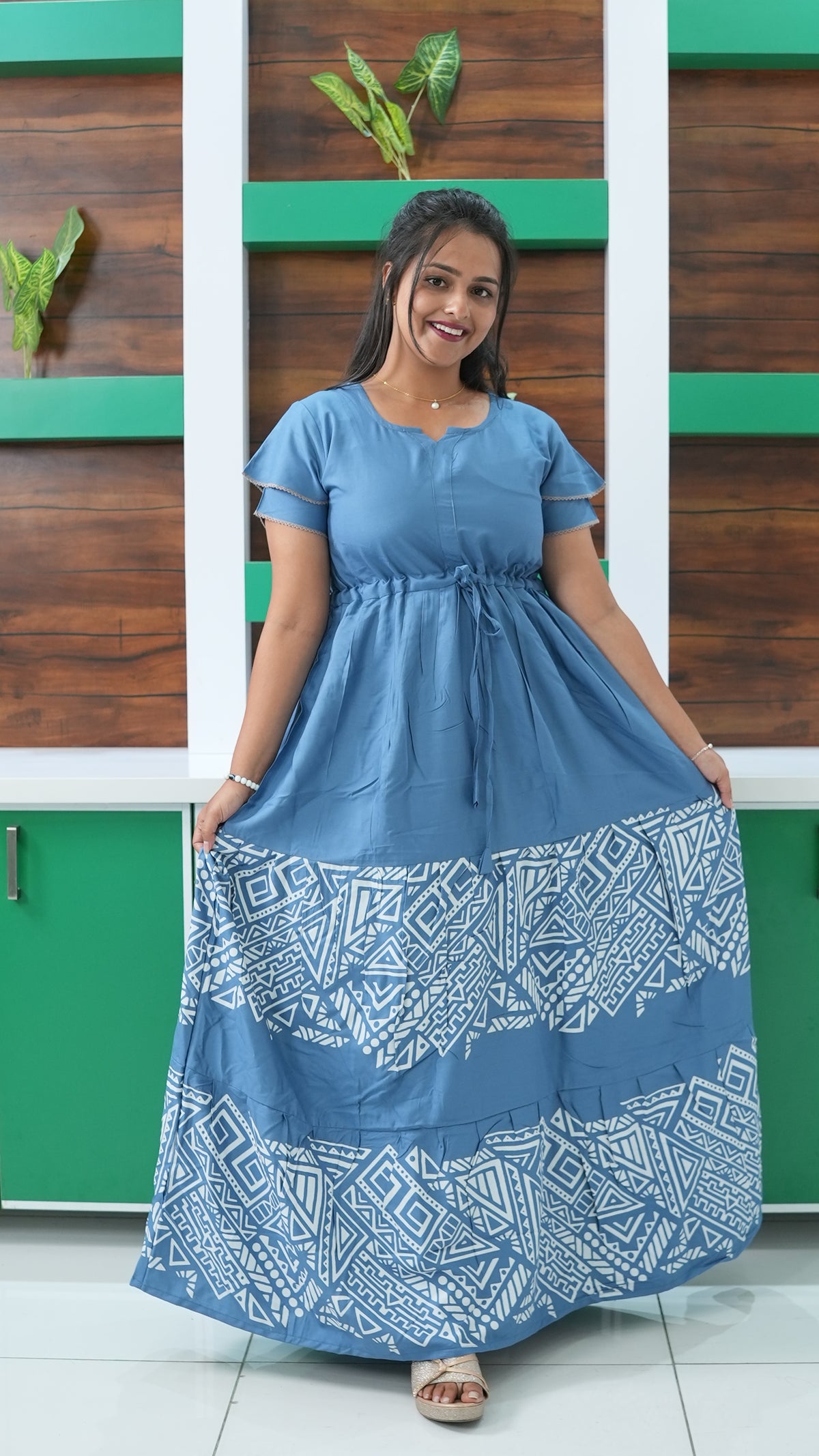 Cornflower Blue Tribal Border Rayon Gathering Frock – Adjustable Front Rope Night Gown with Double Layer Sleeve