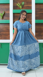 Cornflower Blue Tribal Border Rayon Gathering Frock – Adjustable Front Rope Night Gown with Double Layer Sleeve