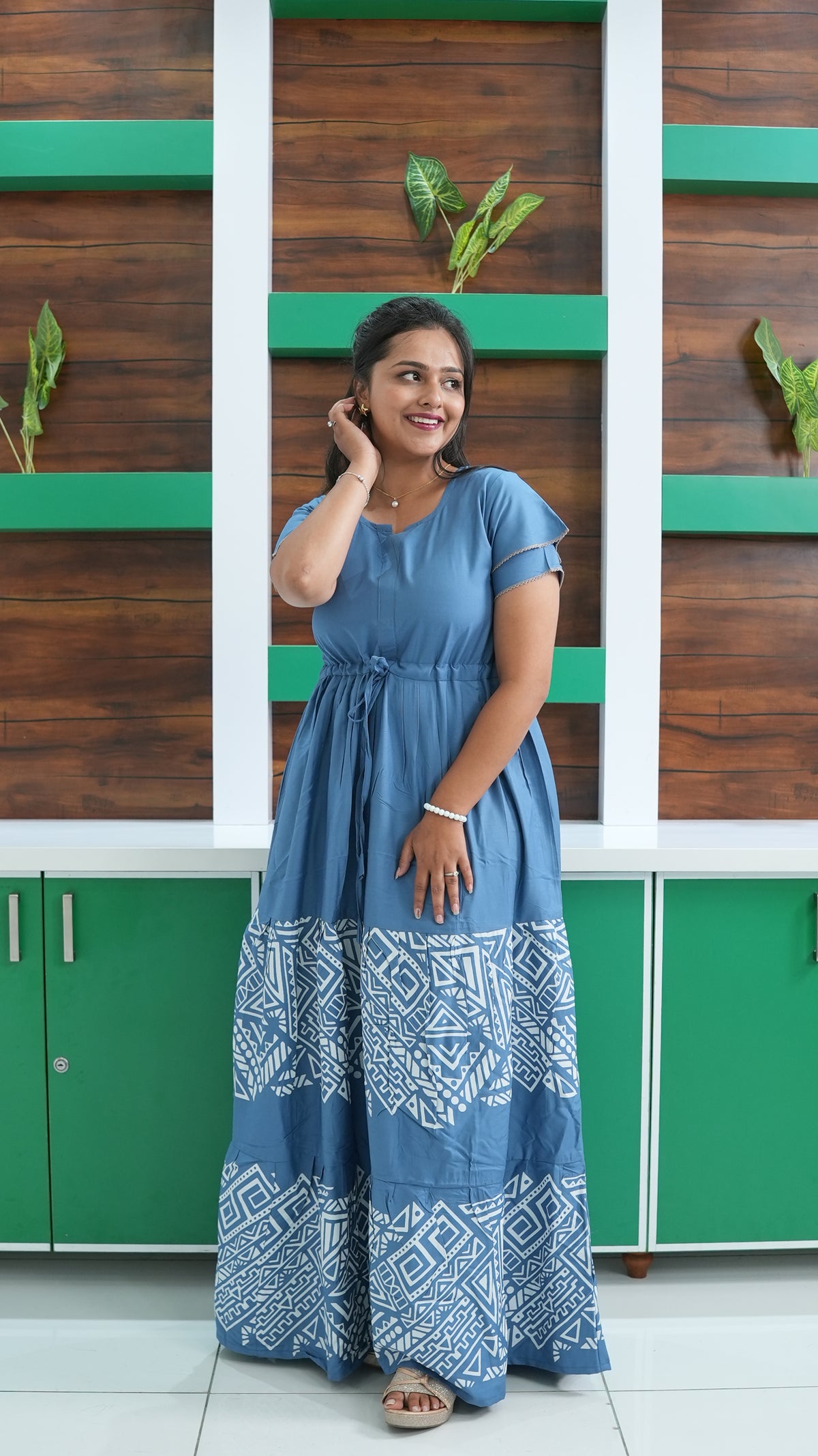 Cornflower Blue Tribal Border Rayon Gathering Frock – Adjustable Front Rope Night Gown with Double Layer Sleeve