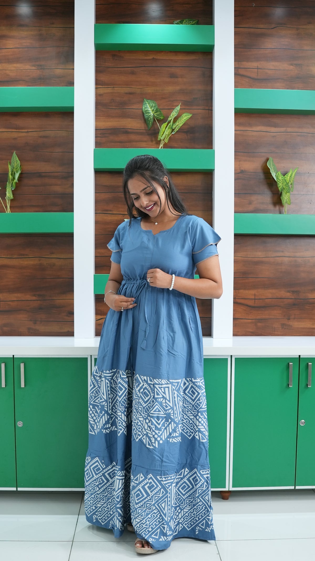 Cornflower Blue Tribal Border Rayon Gathering Frock – Adjustable Front Rope Night Gown with Double Layer Sleeve