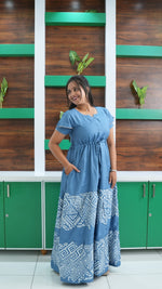 Cornflower Blue Tribal Border Rayon Gathering Frock – Adjustable Front Rope Night Gown with Double Layer Sleeve