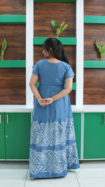 Cornflower Blue Tribal Border Rayon Gathering Frock – Adjustable Front Rope Night Gown with Double Layer Sleeve