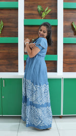 Cornflower Blue Tribal Border Rayon Gathering Frock – Adjustable Front Rope Night Gown with Double Layer Sleeve