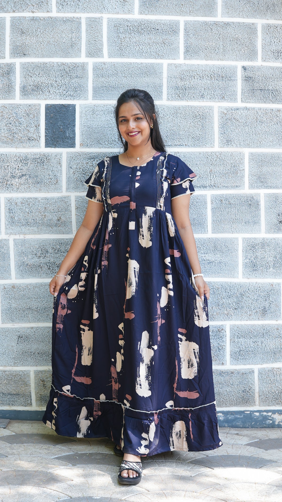 Midnight Black Abstract Brushstroke Rayon Feeding Frock – Stylish Front Open Zipper Maternity Dress with Double Layer Sleeves
