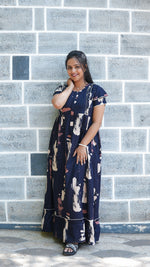 Midnight Black Abstract Brushstroke Rayon Feeding Frock – Stylish Front Open Zipper Maternity Dress with Double Layer Sleeves