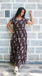 Walnut Brown Floral Alpine 3-Layer Frock – Fancy Butterfly Petal Sleeve Maxi Dress with Side Pocket - Graceful 3-Layer Flare Full Frock Nighty