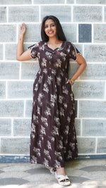Walnut Brown Floral Alpine 3-Layer Frock – Fancy Butterfly Petal Sleeve Maxi Dress with Side Pocket - Graceful 3-Layer Flare Full Frock Nighty