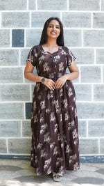 Walnut Brown Floral Alpine 3-Layer Frock – Fancy Butterfly Petal Sleeve Maxi Dress with Side Pocket - Graceful 3-Layer Flare Full Frock Nighty
