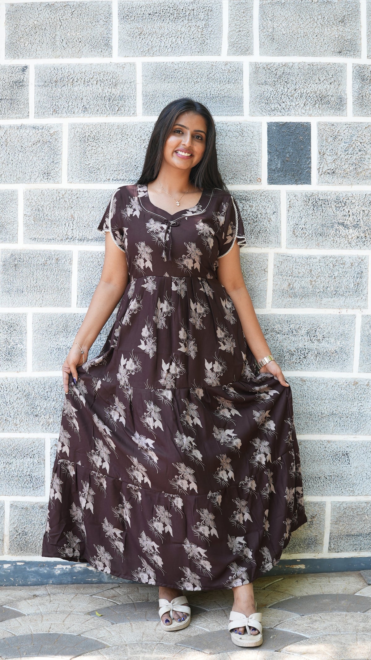 Walnut Brown Floral Alpine 3-Layer Frock – Fancy Butterfly Petal Sleeve Maxi Dress with Side Pocket - Graceful 3-Layer Flare Full Frock Nighty