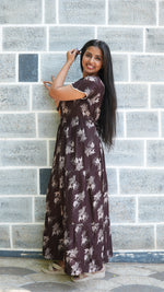 Walnut Brown Floral Alpine 3-Layer Frock – Fancy Butterfly Petal Sleeve Maxi Dress with Side Pocket - Graceful 3-Layer Flare Full Frock Nighty