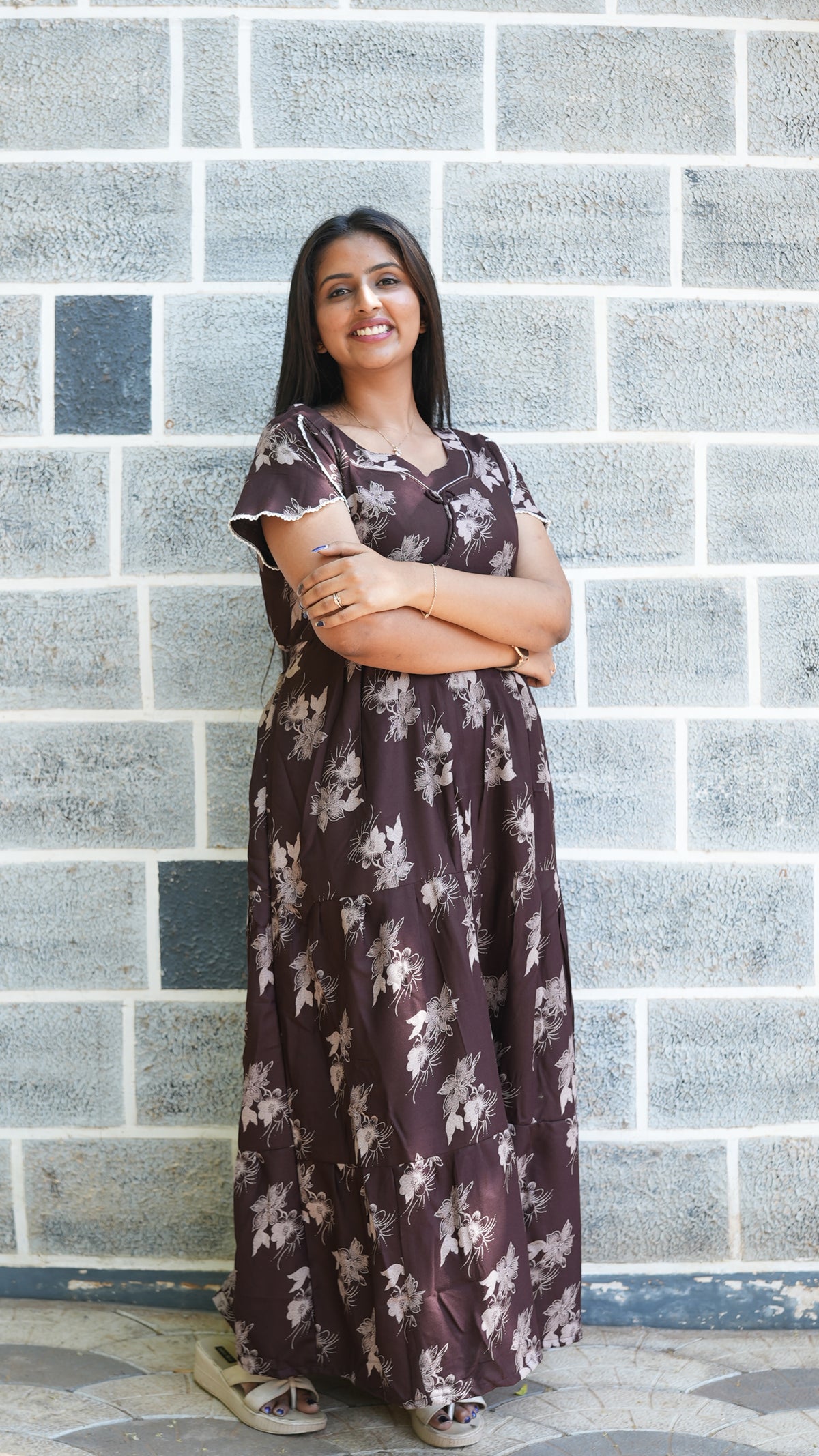 Walnut Brown Floral Alpine 3-Layer Frock – Fancy Butterfly Petal Sleeve Maxi Dress with Side Pocket - Graceful 3-Layer Flare Full Frock Nighty