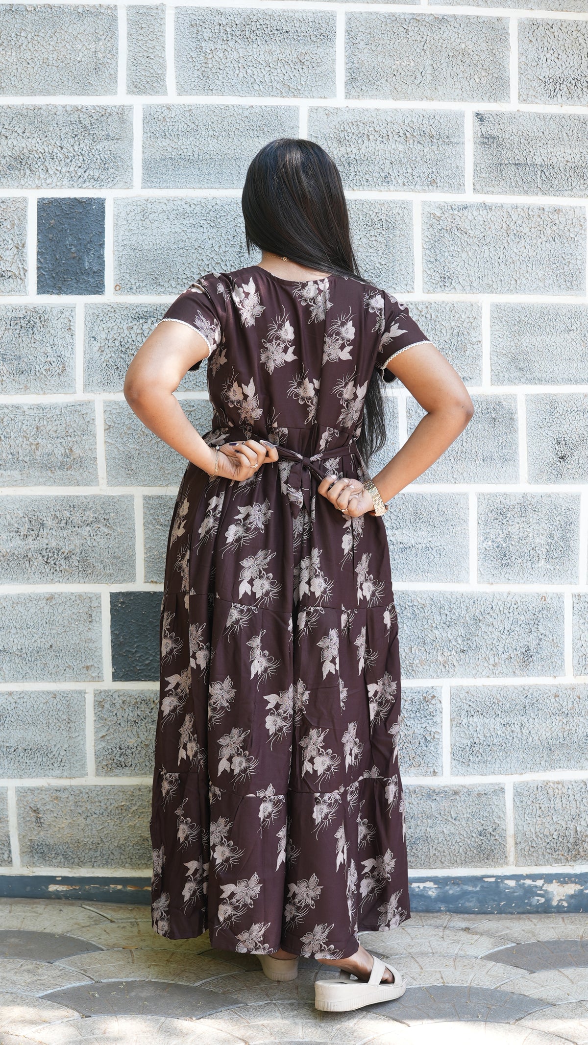 Walnut Brown Floral Alpine 3-Layer Frock – Fancy Butterfly Petal Sleeve Maxi Dress with Side Pocket - Graceful 3-Layer Flare Full Frock Nighty